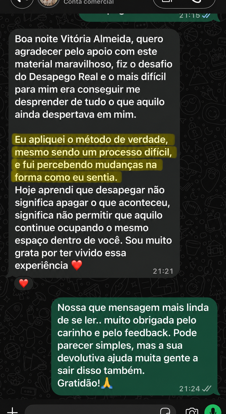 Depoimento por WhatsApp: aluna agradece pelo Desafio do Desapego Real e conta que aplicou o método e sentiu mudanças